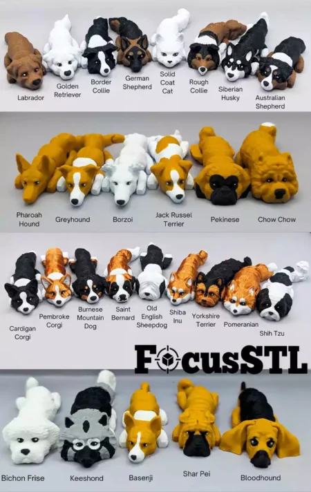 Dogs Articulated Flexi Toy Keychain Pack STL 3D Print Model
