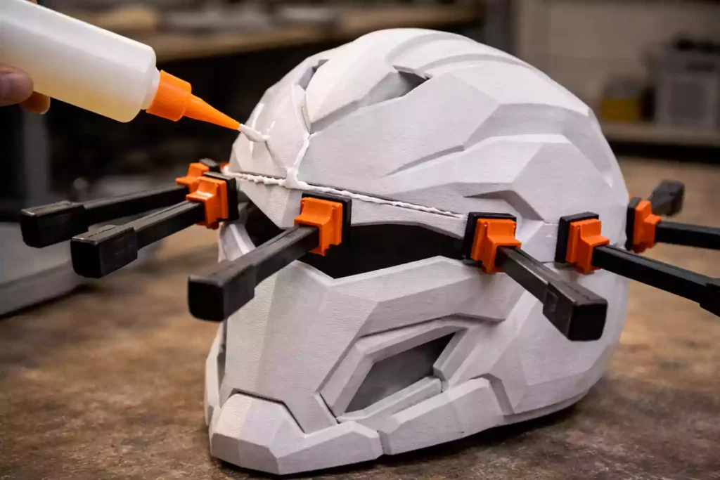 bonding 3D printed helmet parts using clamps and adhesive