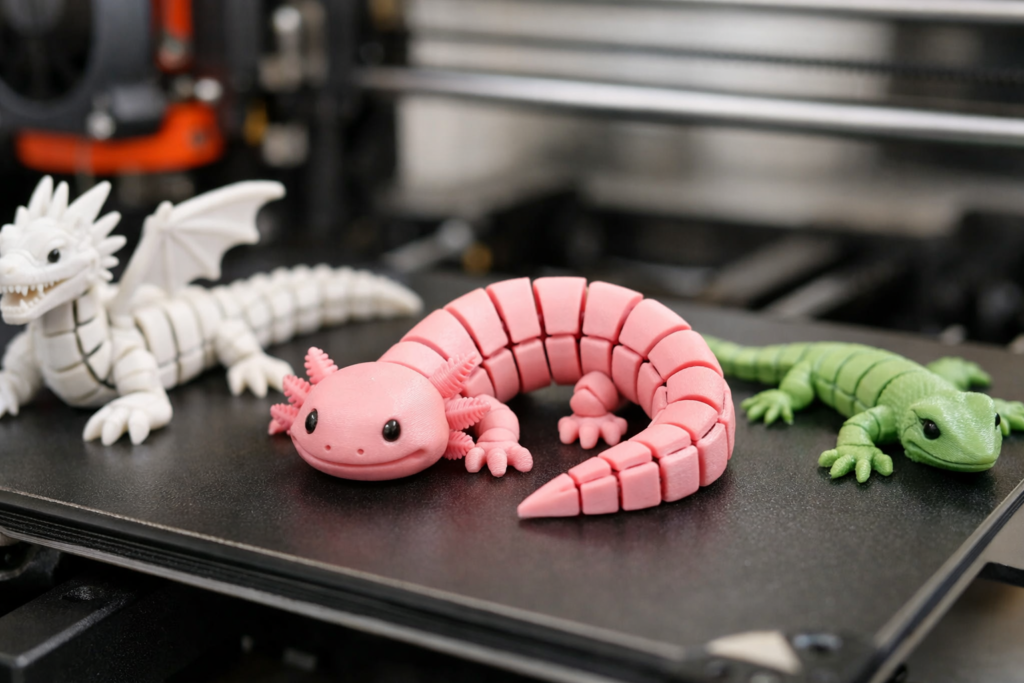 Close-up of mini flexi STL models showing smooth articulated joints after 3D printing