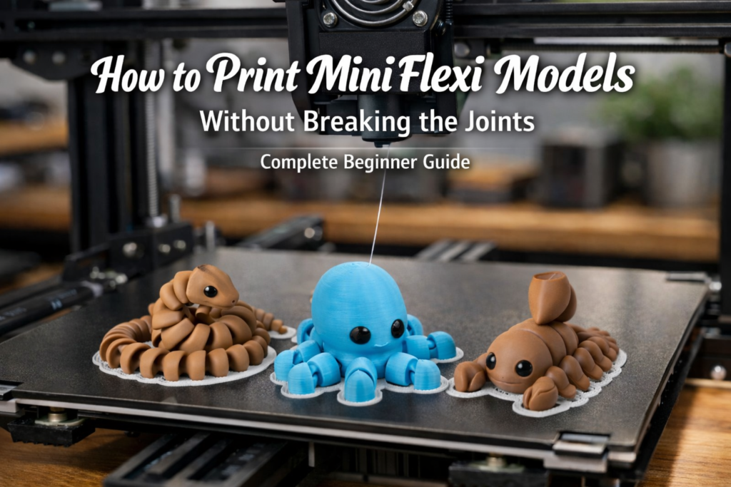 Mini flexi STL models printing on a 3D printer bed