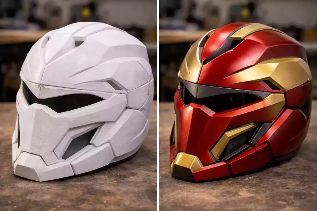 before and after finishing 3D printed helmet cosplay prop